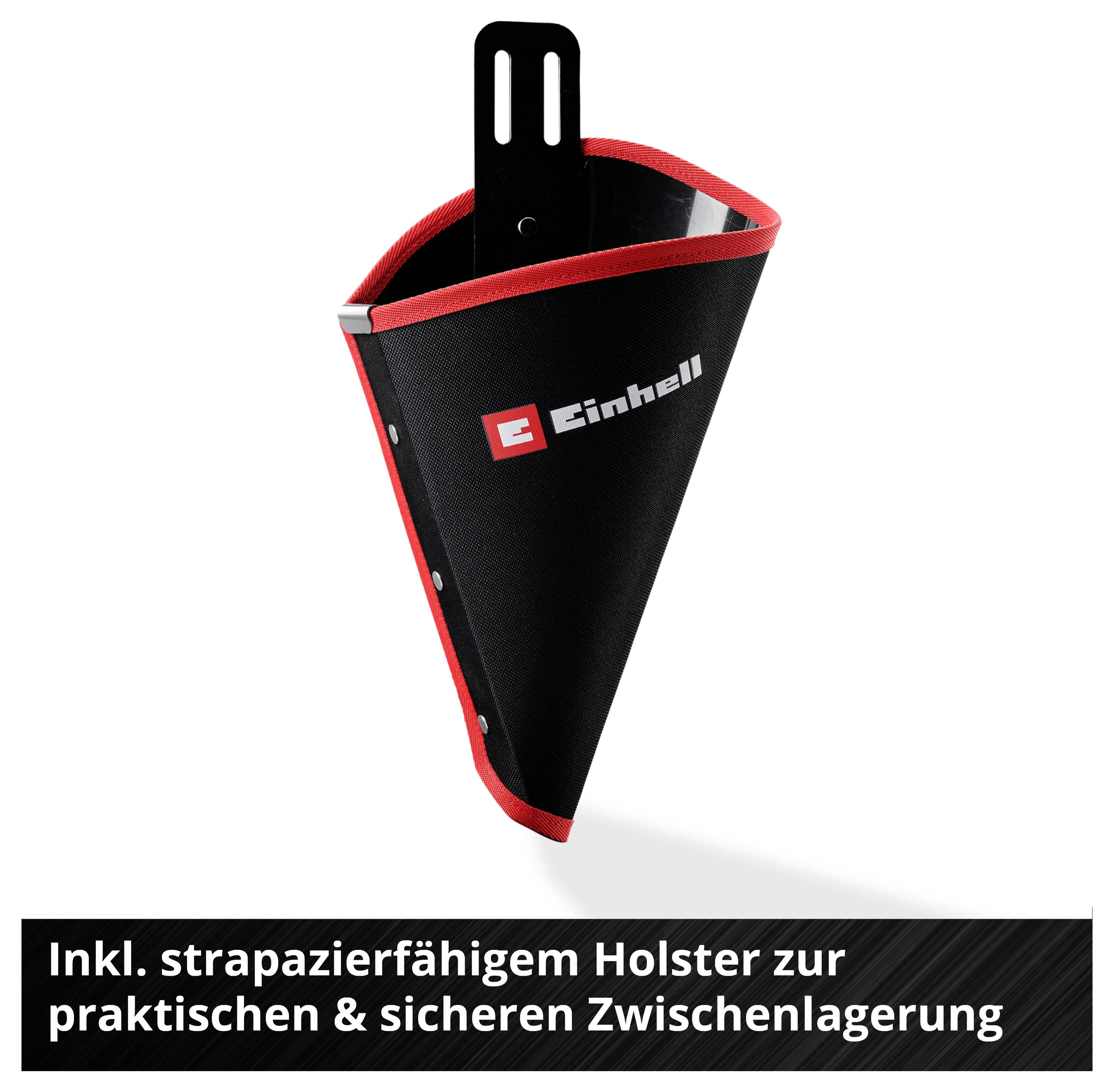 Un étui noir Einhell avec bordure rouge pour le rangement pratique et sécurisé des outils électriques.