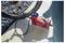 Une personne utilise une pompe à air portable rouge pour gonfler un pneu de vélo par une journée ensoleillée. L'écran numérique de la pompe est visible.
