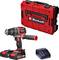 Perceuse sans fil rouge et noire Einhell avec deux batteries, un chargeur et une mallette de transport.