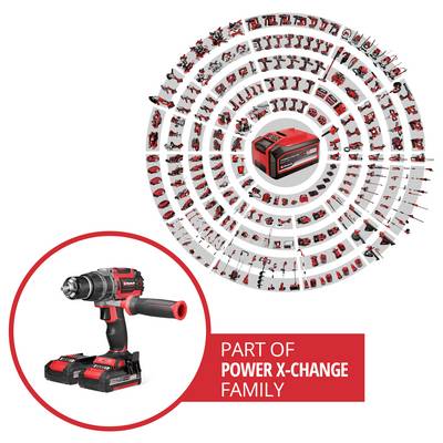 Faire partie de la famille Power X-Change avec un ensemble de perceuses rouge et noir au premier plan. Disposition circulaire d'outils divers en arrière-plan.