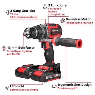 Visseuse-perceuse sans fil avec deux batteries et chargeur. Fonctions : vissage, perçage, percussion. Design ergonomique, éclairage LED, moteur brushless.