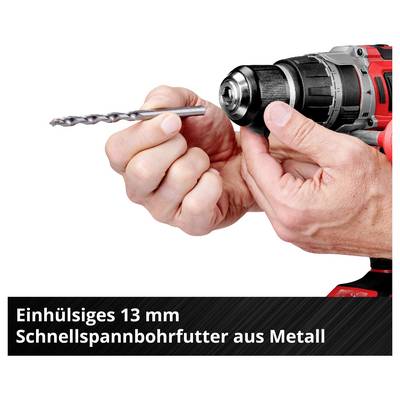 Une personne tient une perceuse et un mandrin, prêts à être utilisés. Légende : 'Mandrin de perceuse rapide à douille unique de 13 mm en métal'.