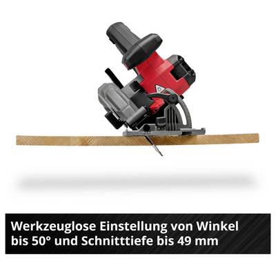 Scie circulaire portative avec un angle d'inclinaison réglable jusqu'à 50° et une profondeur de coupe allant jusqu'à 49 mm sur une pièce de bois, réglable sans outil.