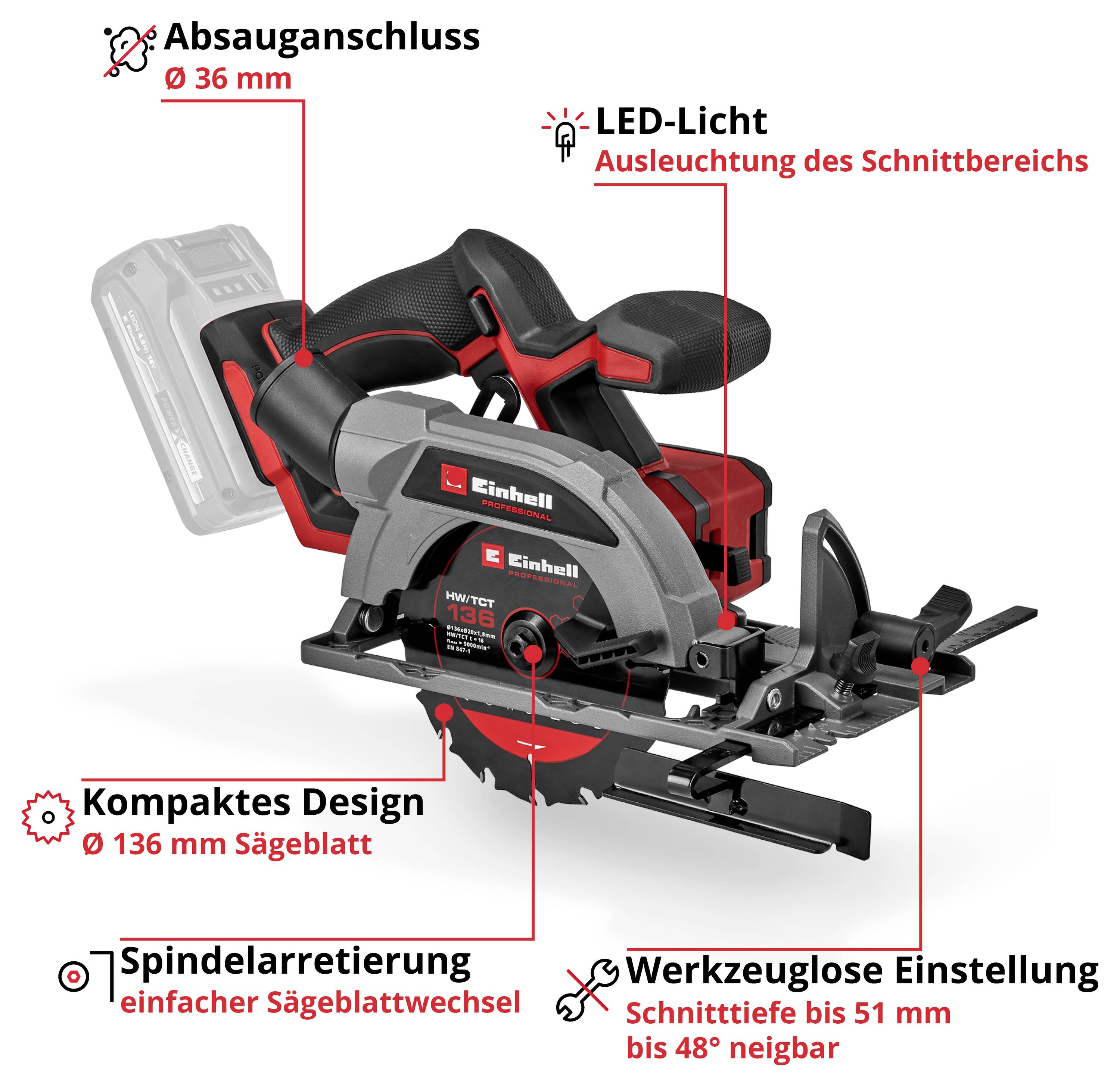 'Scie à percussion avec design compact, lumière LED, raccord d'aspiration, verrouillage de la broche, réglage sans outil, raccord d'aspiration de 36 mm.'