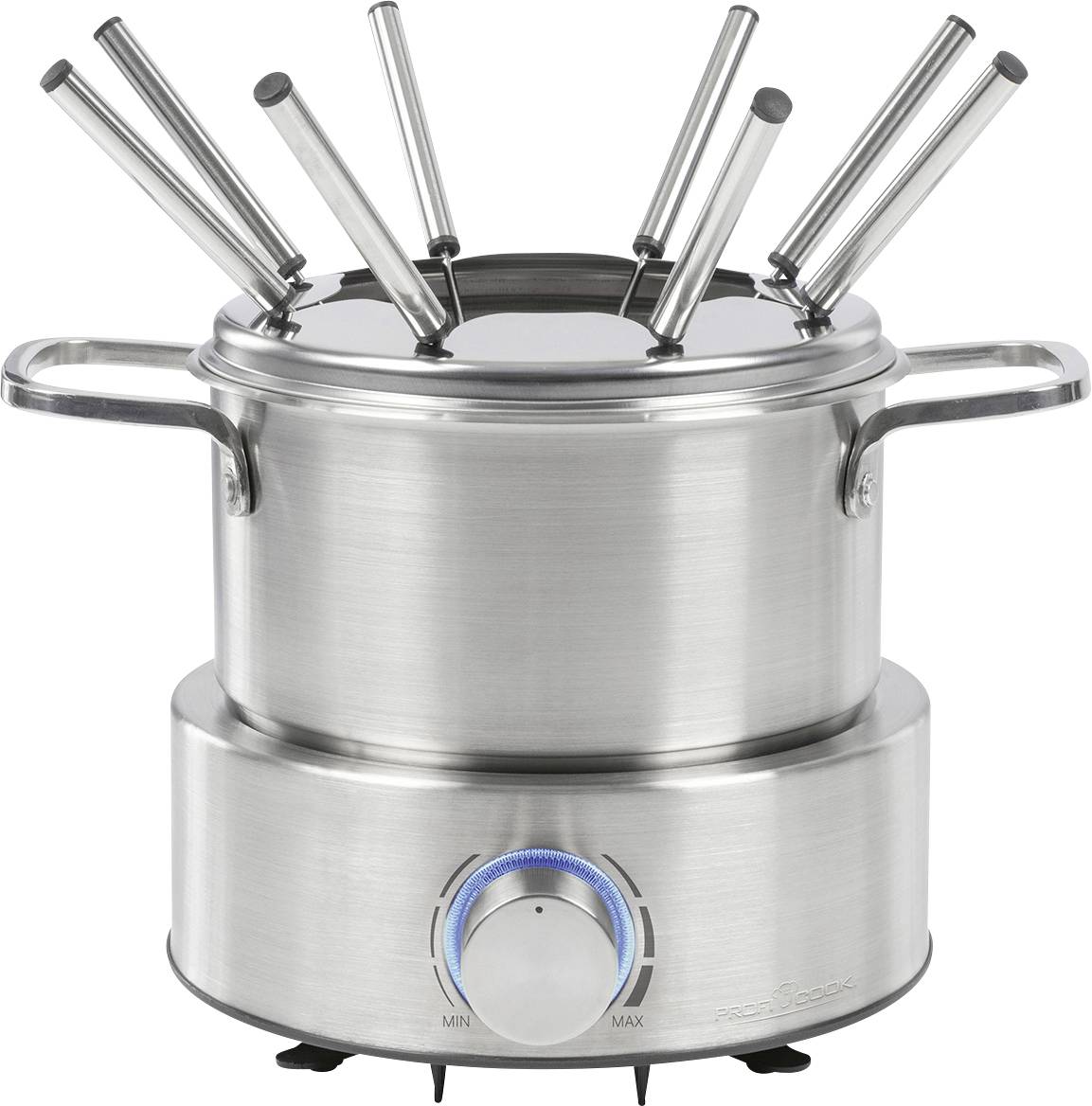 Casserole à fondue en acier inoxydable avec des poignées sur les côtés, posée sur un socle équipé d'un cadran de température. Plusieurs brochettes sont insérées dans la casserole.