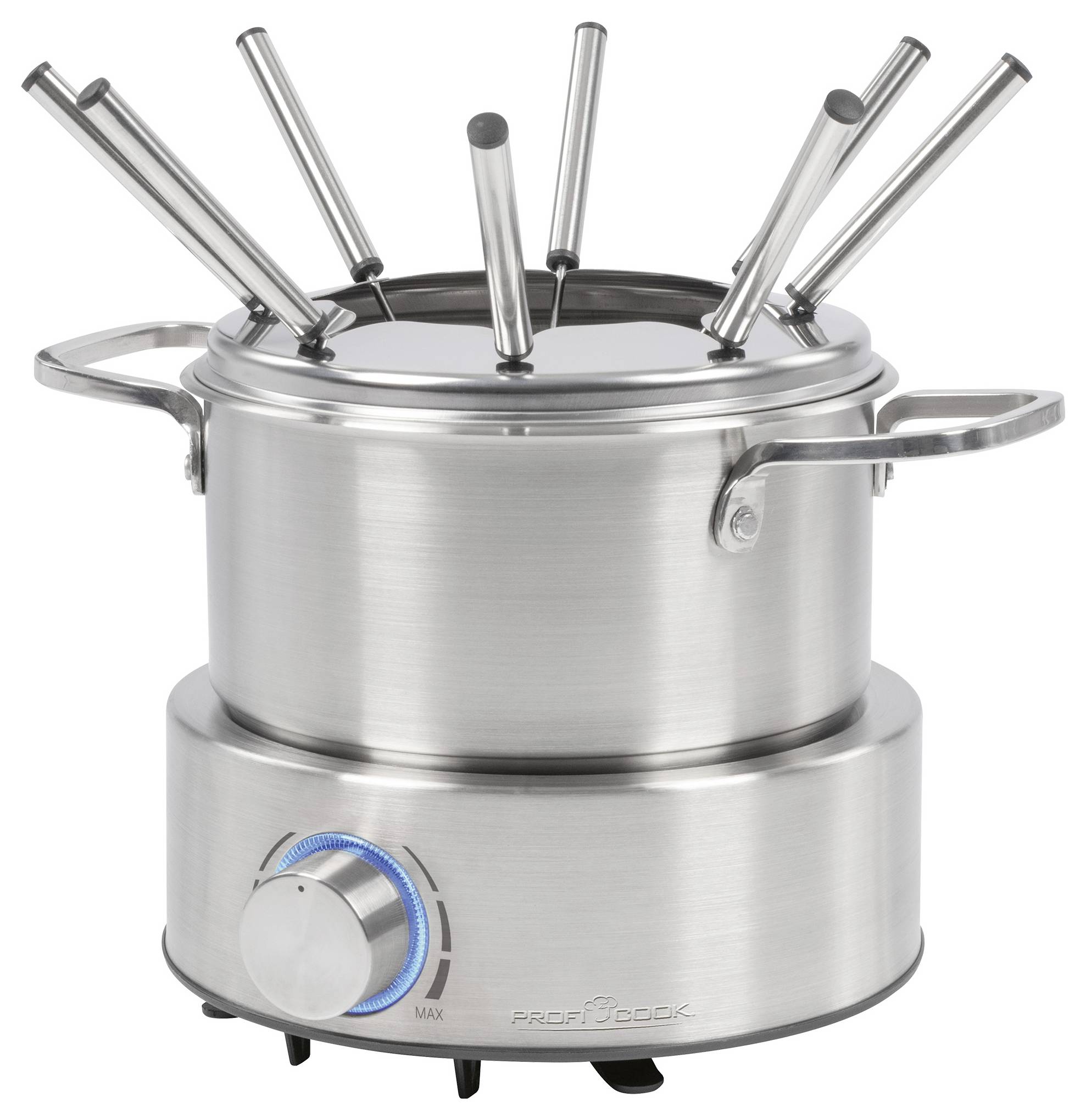 Pot à fondue en acier inoxydable avec plusieurs fourchettes à fondue placées à l'intérieur ; doté d'un cadran de contrôle de température à la base.