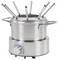 Pot à fondue en acier inoxydable avec plusieurs fourchettes à fondue placées à l'intérieur ; doté d'un cadran de contrôle de température à la base.