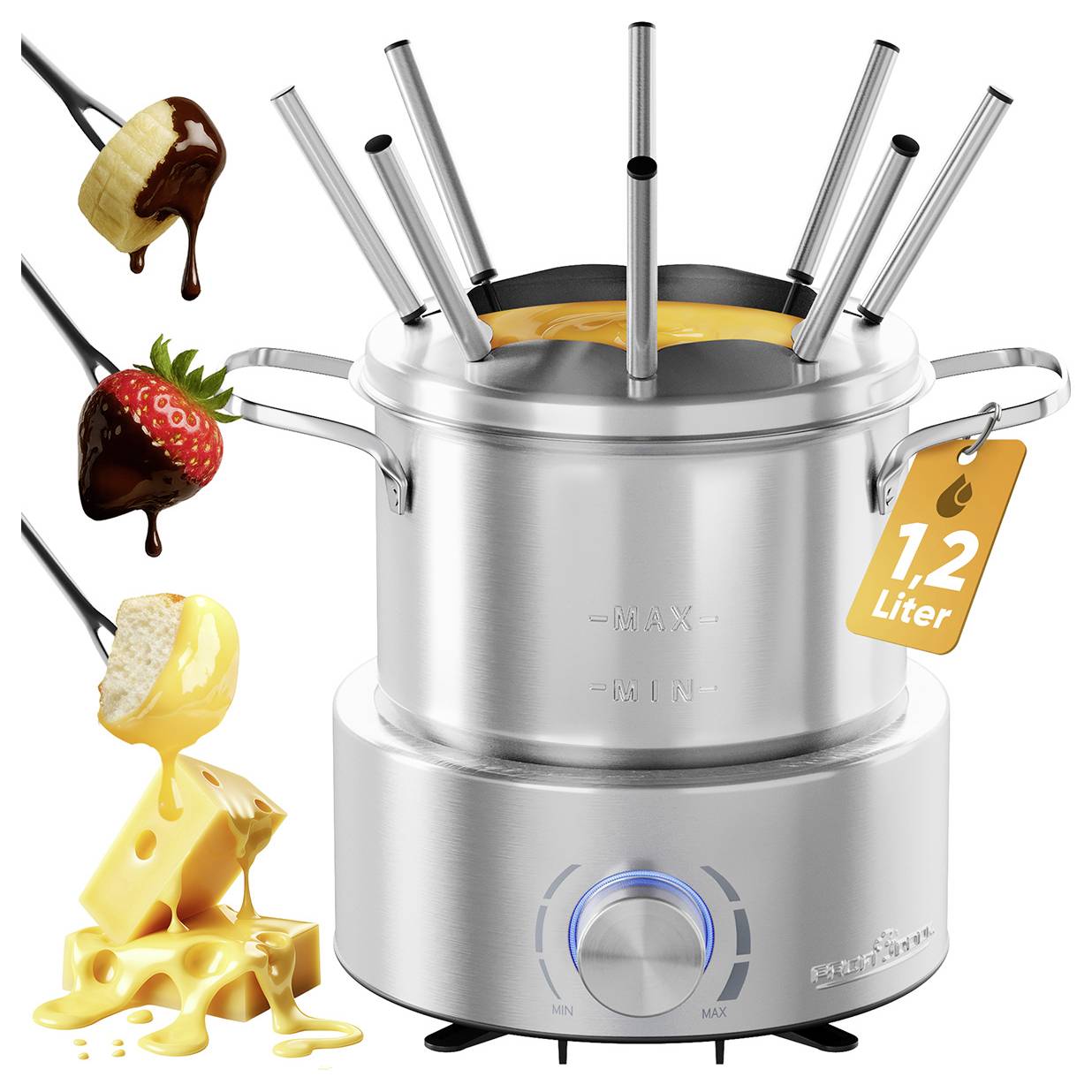 Pot à fondue en acier inoxydable avec huit fourchettes, étiqueté « 1,2 litre ». Les fourchettes présentent une fraise et une banane enrobées de chocolat, ainsi que du pain trempé dans du fromage.