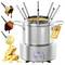 Pot à fondue en acier inoxydable avec huit fourchettes, étiqueté « 1,2 litre ». Les fourchettes présentent une fraise et une banane enrobées de chocolat, ainsi que du pain trempé dans du fromage.