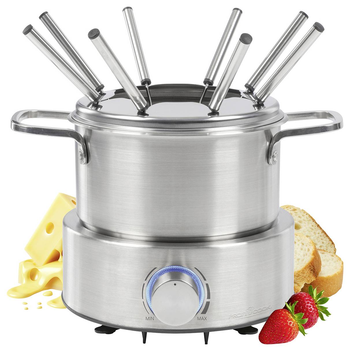 Un caquelon en acier inoxydable avec des fourchettes à fondue enfoncées repose sur un socle muni d'un cadran de température. Des tranches de fromage, du pain et des fraises l'entourent.