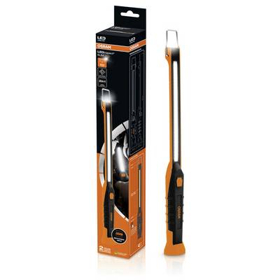 'OSRAM LEDinspect' lampe de travail LED fine en orange et noir, avec emballage. Les caractéristiques comprennent un support magnétique, un crochet pivotant et une charge USB.