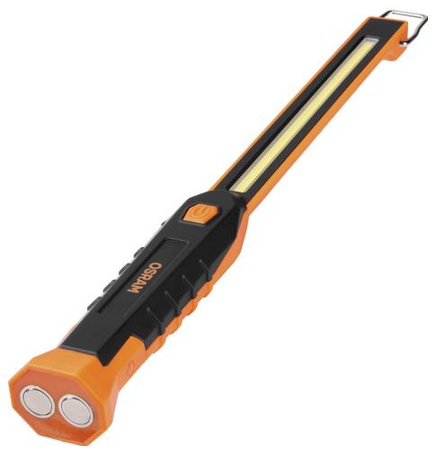 Une lampe de travail portable à LED orange et noire, équipée d'une base magnétique, conçue pour un éclairage mains libres.