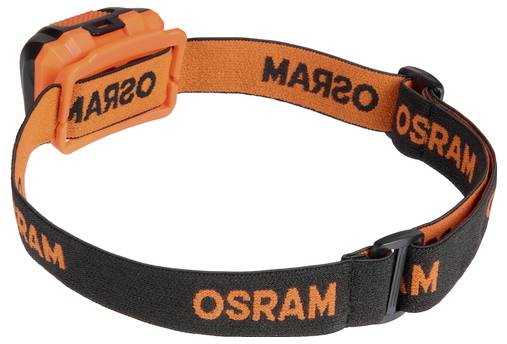 Une lampe frontale de marque OSRAM orange et noire avec une sangle réglable pour un éclairage sans les mains.