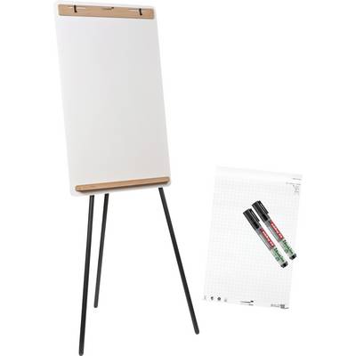 Un tableau à feuilles vierge sur un trépied est posé à côté de deux marqueurs, l'un noir et l'autre vert, qui reposent sur une feuille de papier quadrillé.