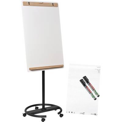 Un chevalet de conférence équipé d'un tableau blanc vierge est monté sur un support mobile. À côté, se trouve un bloc de papier quadrillé ouvert avec deux marqueurs.