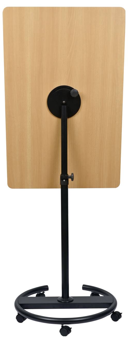 Un porte-bloc en bois monté sur un support métallique noir réglable avec roulettes, conçu pour des présentations ou l'affichage de signalétique.