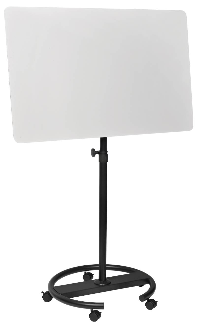 Un tableau blanc rectangulaire monté sur un support métallique noir et ajustable équipé de roulettes, conçu pour une mobilité et un transport faciles.