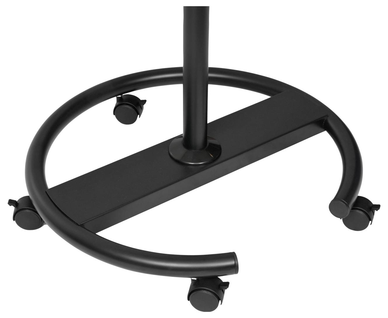 Un socle circulaire noir avec des roues, supportant un pôle vertical en métal. Le design comprend quatre petites roulettes pour faciliter la mobilité.