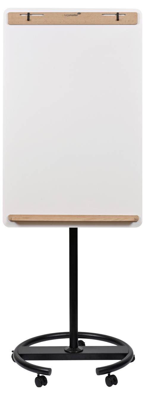 Un chevalet mobile avec un tableau blanc vierge, doté d'accents en bois et une base circulaire noire montée sur roulettes.