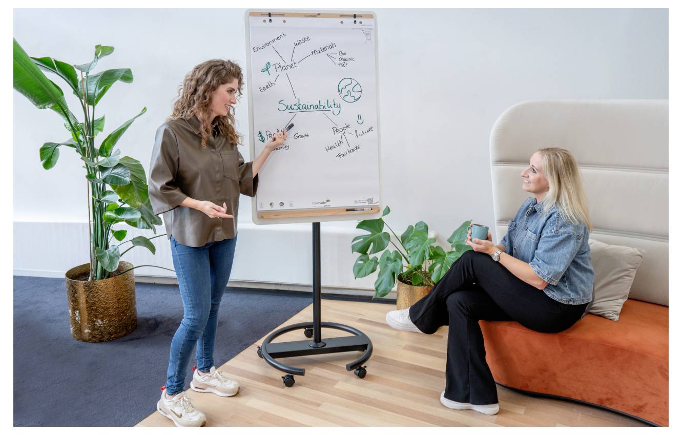 Deux femmes discutent de 'Développement durable' devant un tableau à feuilles. L'une est debout, pointant des notes ; l'autre est assise avec un carnet de notes, attentive.
