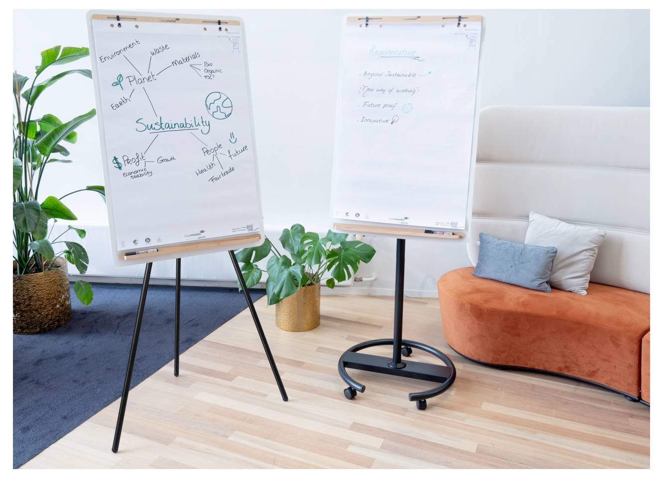 Deux tableaux de conférence avec des notes sur la durabilité et un vierge, entourés de plantes et d'un canapé orange dans un environnement de bureau moderne.