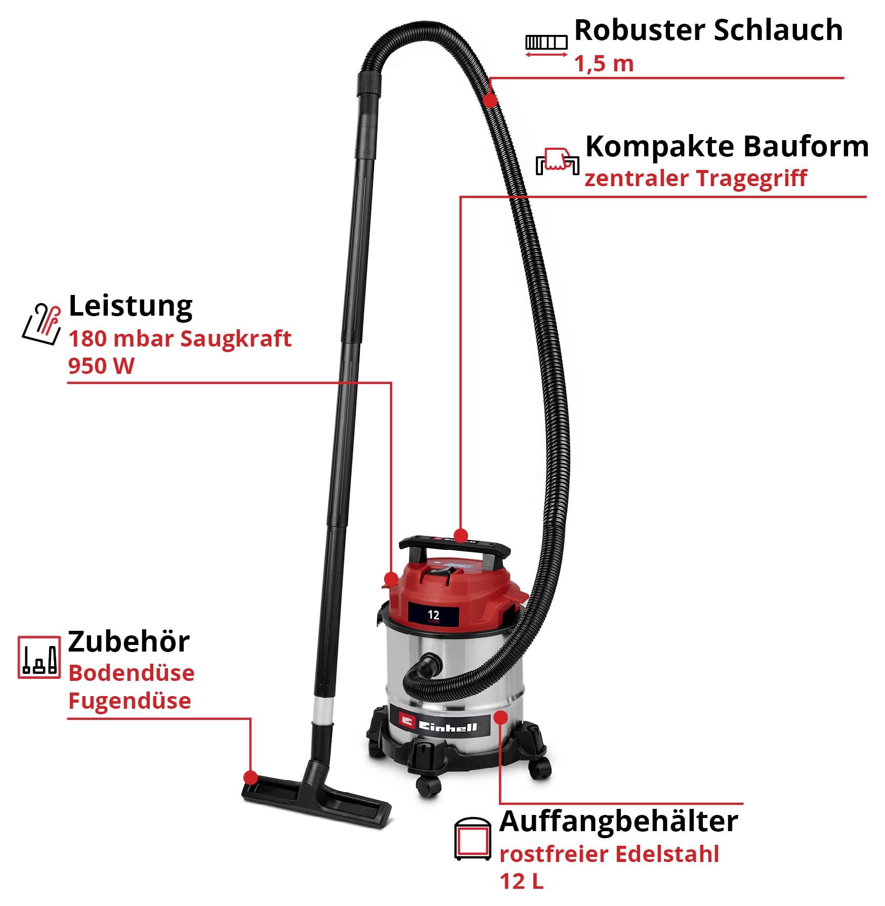 Aspirateur Einhell eau et poussière avec 950 W, réservoir en acier inoxydable de 12 L, tuyau robuste de 1,5 m, et accessoires. Fonction haute performance.