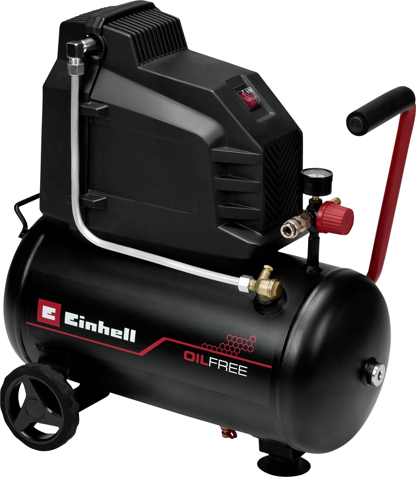 Compresseur d'air sans huile Einhell portable avec réservoir noir, roues, poignée, manomètre et bouton de commande rouge.