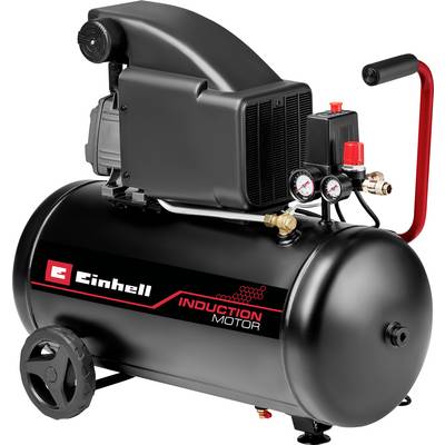Compresseur d'air à moteur à induction Einhell avec manomètres, poignée rouge et roues. Adapté à divers outils pneumatiques.