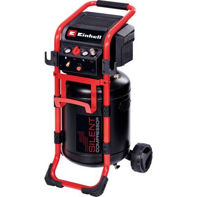 Un compresseur d'air vertical noir et rouge avec des roues et une poignée. Le logo de la marque est sur le dessus, et les mots « Compresseur silencieux » sont imprimés sur le réservoir.