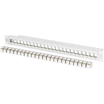 Un panneau de brassage blanc à 24 ports avec des emplacements numérotés pour les connexions de câbles réseau, présenté à côté de connecteurs individuels.