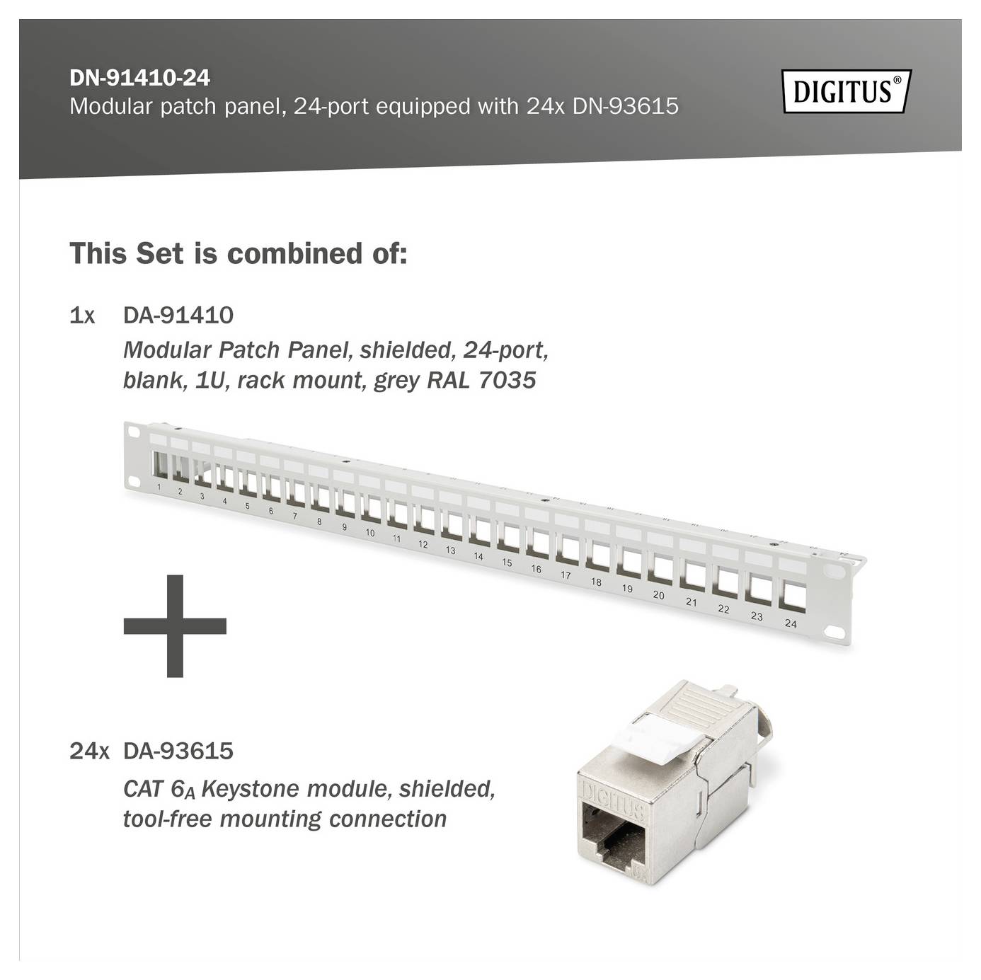 « DN-91410-24 Panneau de brassage modulaire, 24 ports avec 24x DN-93615 » montrant un panneau de brassage modulaire blanc, 24 ports et un module keystone CAT 6a.