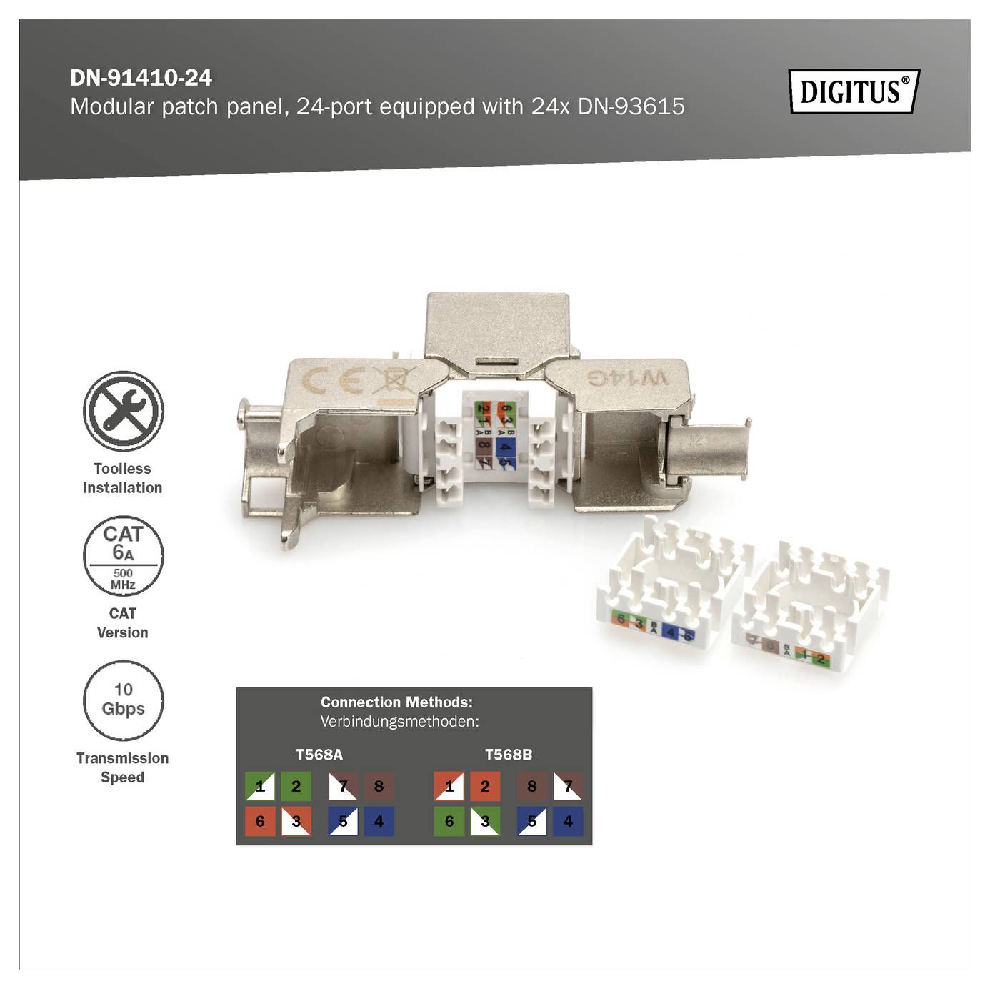 'DN-91410-24 Panneau de brassage modulaire, 24 ports équipé de 24x DN-93615, installation sans outil, CAT 6A, 10 Gbps, vitesse de transmission.'
