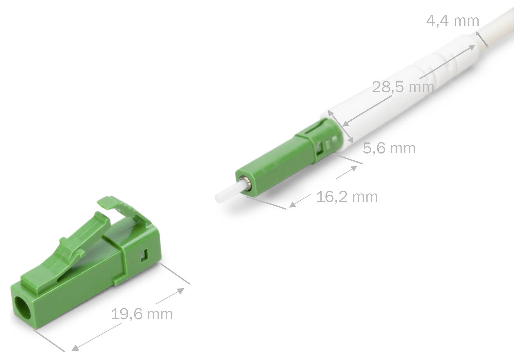 Deux connecteurs verts avec des mesures : l'un mesure 19,6 mm ; l'autre, 28,5 mm de long. Les deux ont des épaisseurs et des caractéristiques différentes.