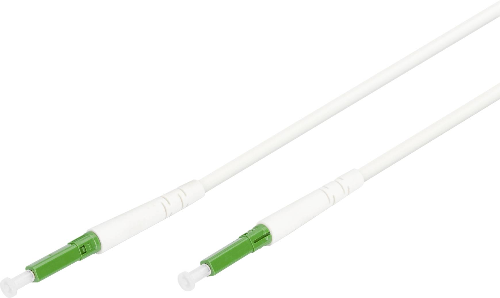 Câbles à fibres optiques avec connecteurs verts sur fond blanc.