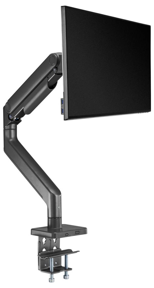 Un bras de moniteur noir supporte un écran, mettant en évidence sa fonction réglable. La base est fixée par pince à une surface, indiquant une configuration d'espace de travail flexible.