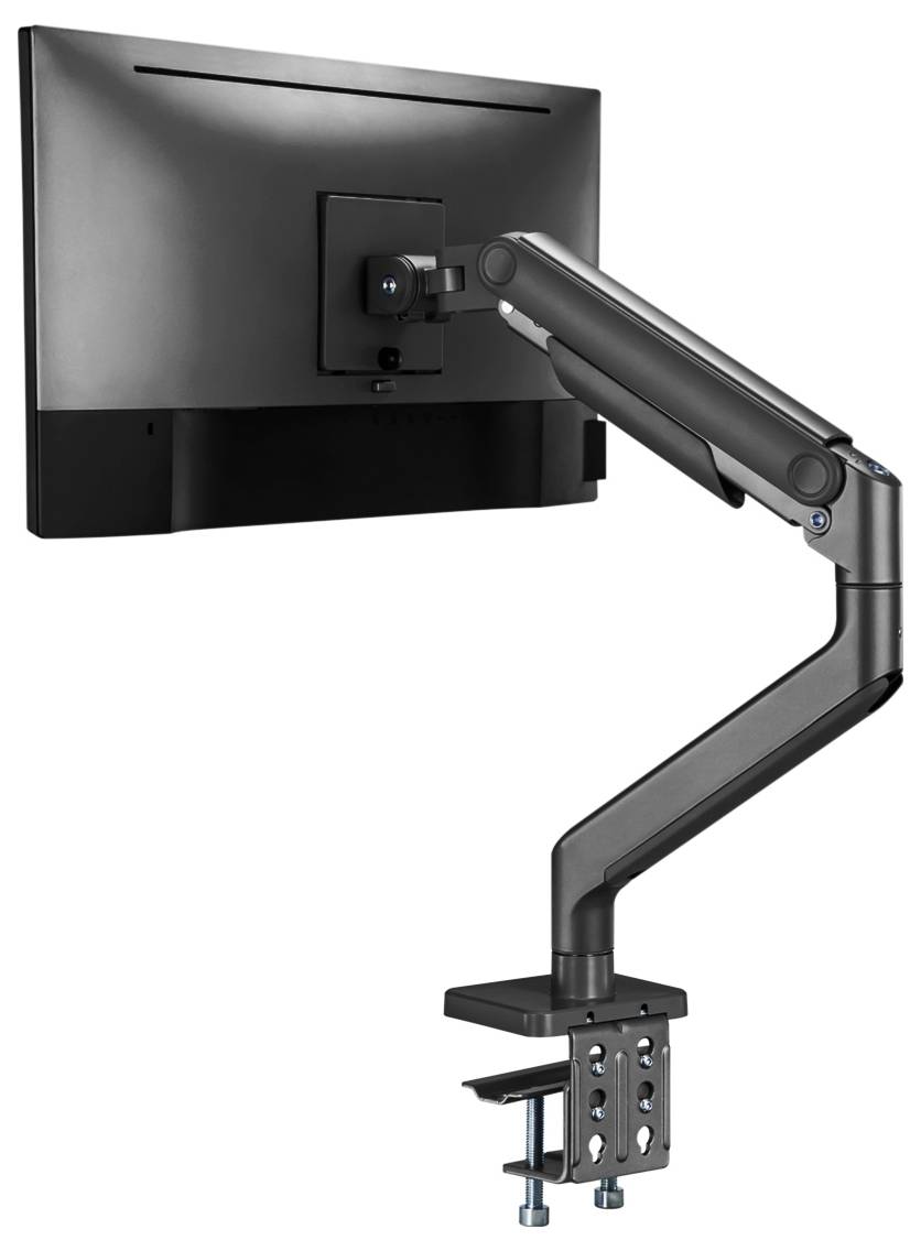 Un bras de moniteur ajustable noir est fixé à un bureau avec un système de serrage, maintenant un moniteur à écran plat. Le bras est articulé pour offrir une flexibilité de positionnement.