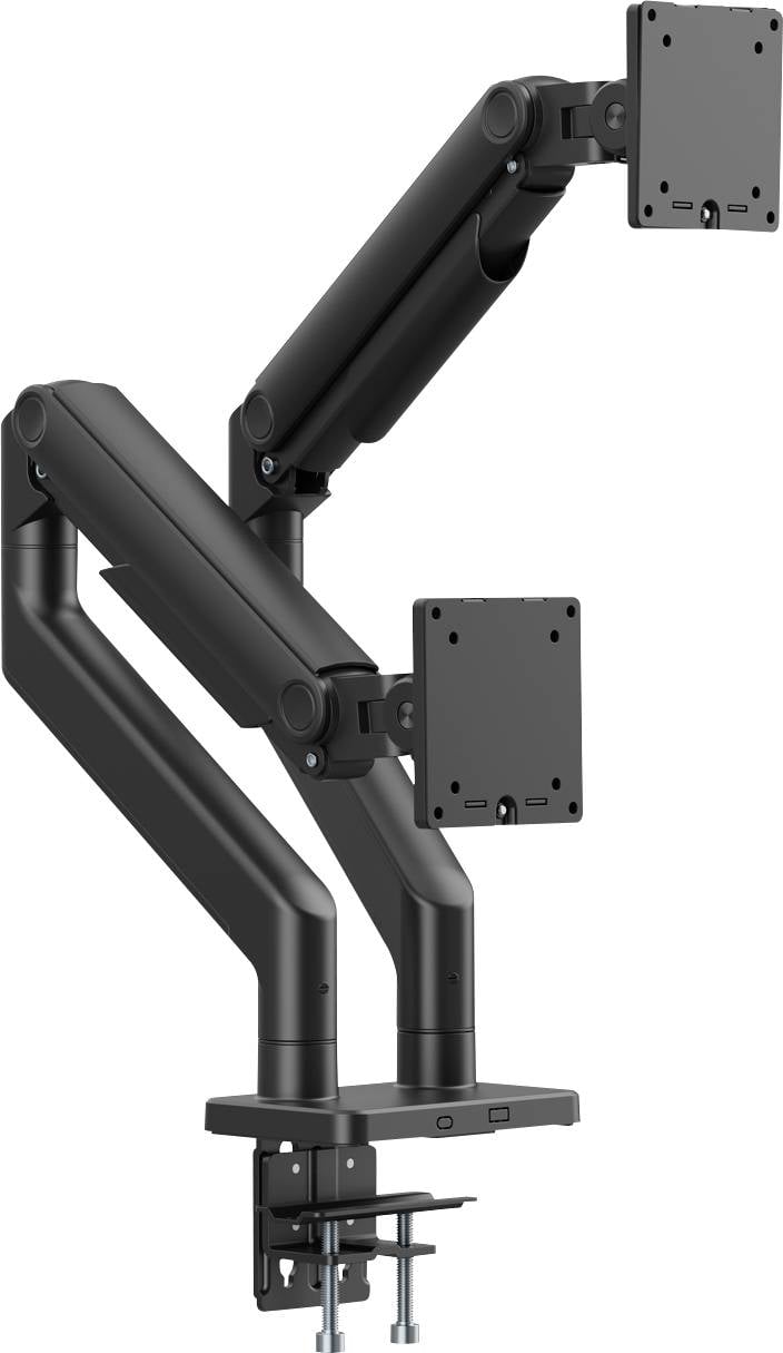 Un support de bras ajustable pour double écran en noir, conçu pour l'installation sur bureau. Il est doté de deux bras ajustables pour un positionnement ergonomique des écrans.