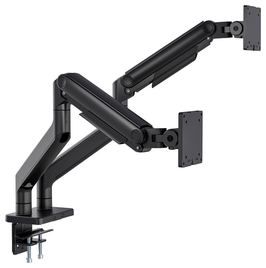 Bras articulé double écran noir avec joints réglables et base à serre-joint pour fixation au bureau.