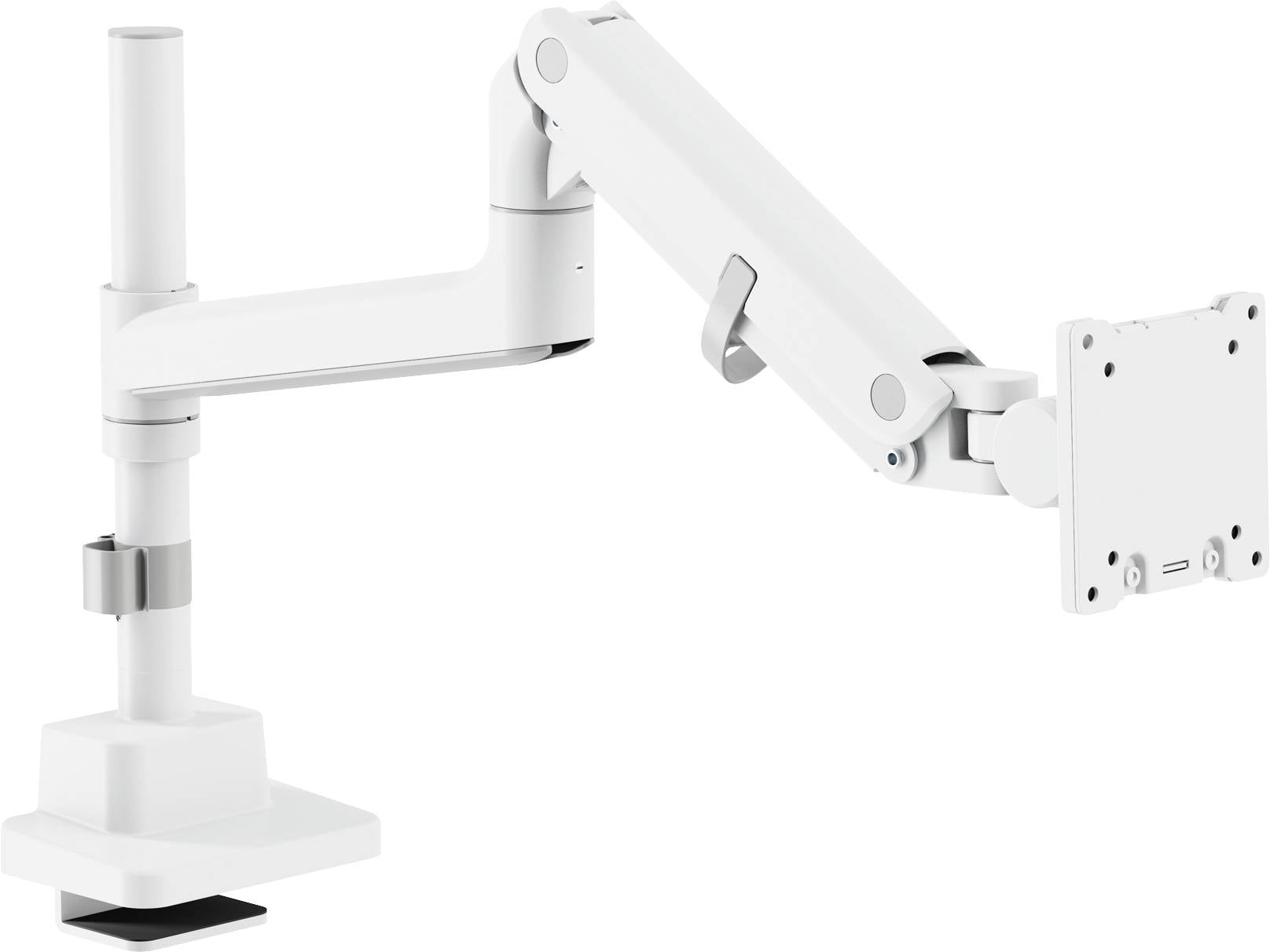 Bras de moniteur blanc ajustable avec base à pince, deux articulations articulées pour la flexibilité, et un support pour fixer un écran d'ordinateur.