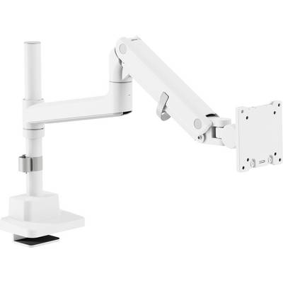 Bras de moniteur blanc ajustable avec base à pince, deux articulations articulées pour la flexibilité, et un support pour fixer un écran d'ordinateur.