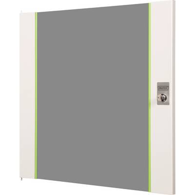 'Panneau de rangement gris et blanc avec des accents vert clair et un verrou sur le côté droit.'