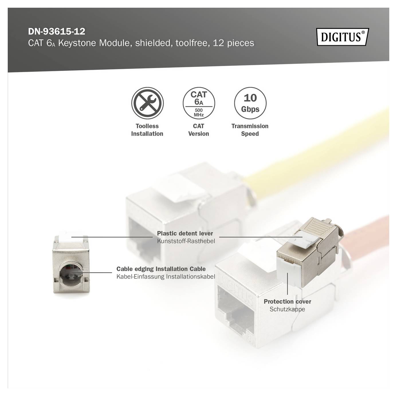 'Module Keystone CAT 6 Digitus, blindé, 12 pièces. Caractéristiques : installation sans outils, norme CAT 6A 500 MHz, vitesse de transmission 10 Gbps.'