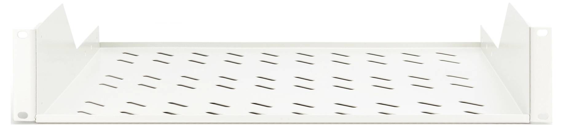 Une étagère en métal blanc avec des fentes aérées pour la circulation de l'air, conçue pour être montée sur un rack ou une armoire.