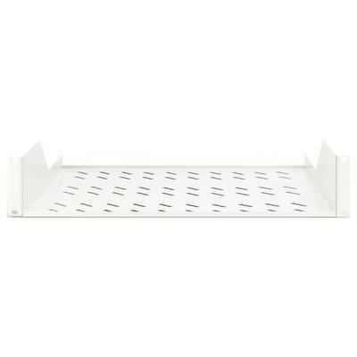 Une étagère en métal blanc avec des fentes aérées pour la circulation de l'air, conçue pour être montée sur un rack ou une armoire.
