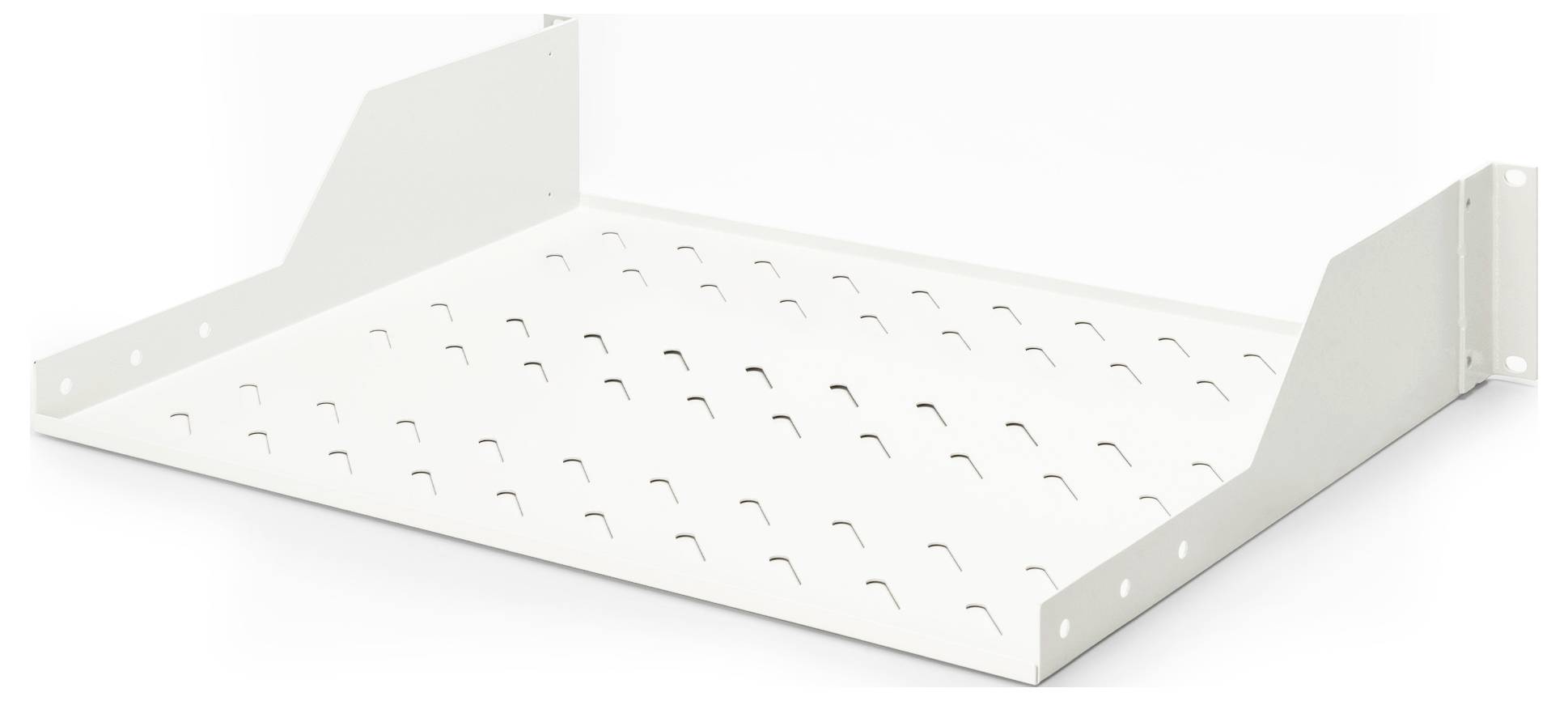 Une étagère en métal blanc avec perforations et supports latéraux, conçue pour être installée dans des racks serveurs ou des armoires.