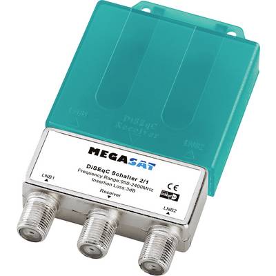 'Un commutateur DiSEqC par MEGASAT avec 2 entrées marquées LNB1 et LNB2, 1 sortie étiquetée Receiver, plage de fonctionnement 950-2400MHz.'
