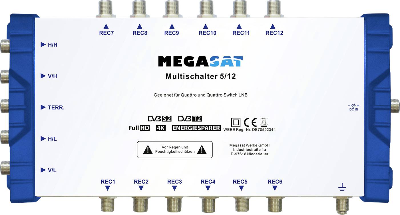 Un dispositif multicommutateur avec plusieurs entrées et sorties pour la distribution de signaux satellitaires, étiqueté « MEGASAT Multischalter 5/12 ».