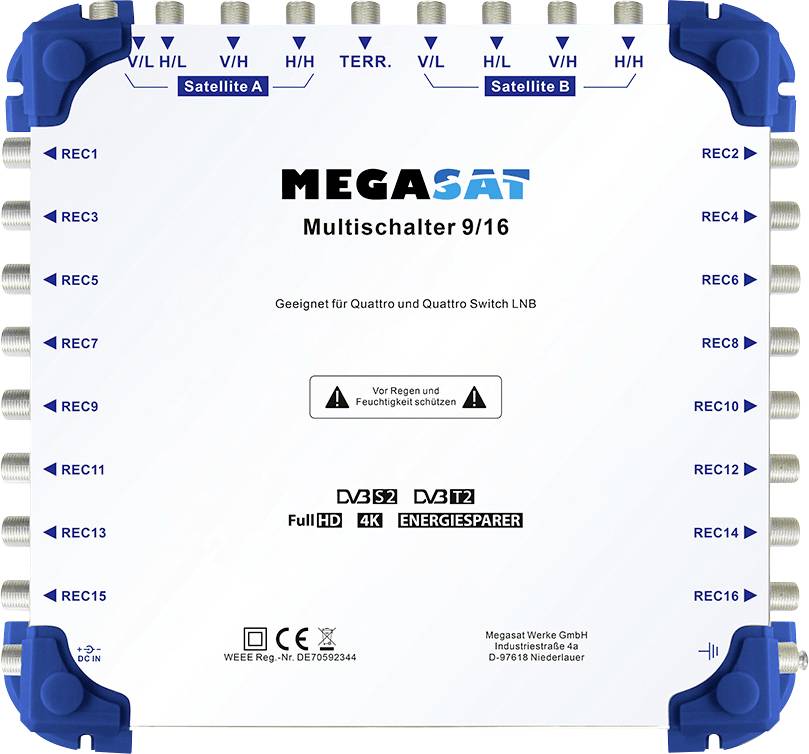 Commutateur multiprises MegaSat 9/16 avec plusieurs ports d'entrée/sortie pour signaux satellitaires, étiqueté avec 'Full HD', '4K', 'Économie d'énergie'.