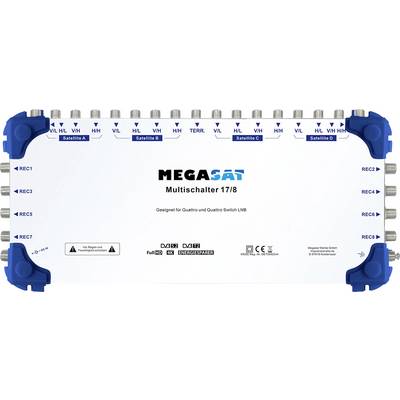 Appareil répartiteur multicommutateur satellite de MegaSat, étiqueté 'Multischalter 17/8', avec plusieurs connexions d'entrée/sortie pour signaux satellitaires et terrestres.