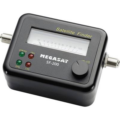 Un détecteur de satellite noir Megasat SF-200 avec un indicateur de puissance du signal et des voyants pour 22 kHz, 18 V, 13 V et décibels.